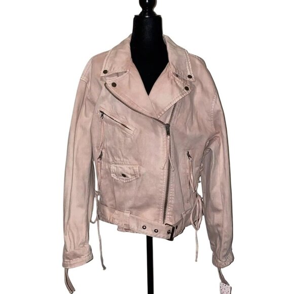Free People Jackets & Blazers - Free People Jacket Moto Washed Rose Pink Denim Lace Up Sides Belted Zippers M
